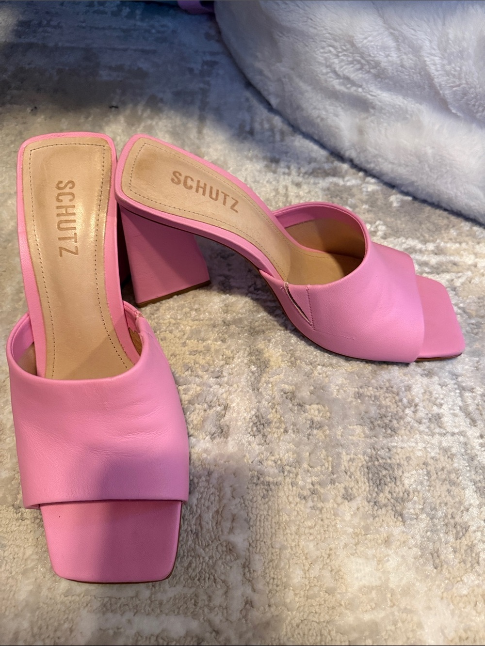 SCHUTZ Pink Leather Block Heel Slide Mules